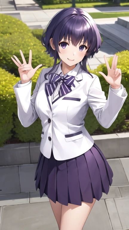 masterpiece, best quality, highres, hyoudou michiru, solo, pleated skirt, bowtie, striped bow, white jacket, black socks, purple skirt, white blazer, striped bowtie, long sleeves, standing, smile, outdoors, garden, school, building, waving, leaning forward,