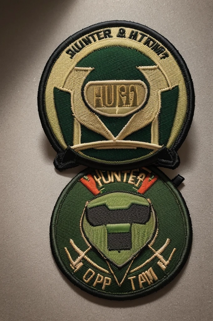 Create patch for Airsoft team called hunter's, with image of gun and skull