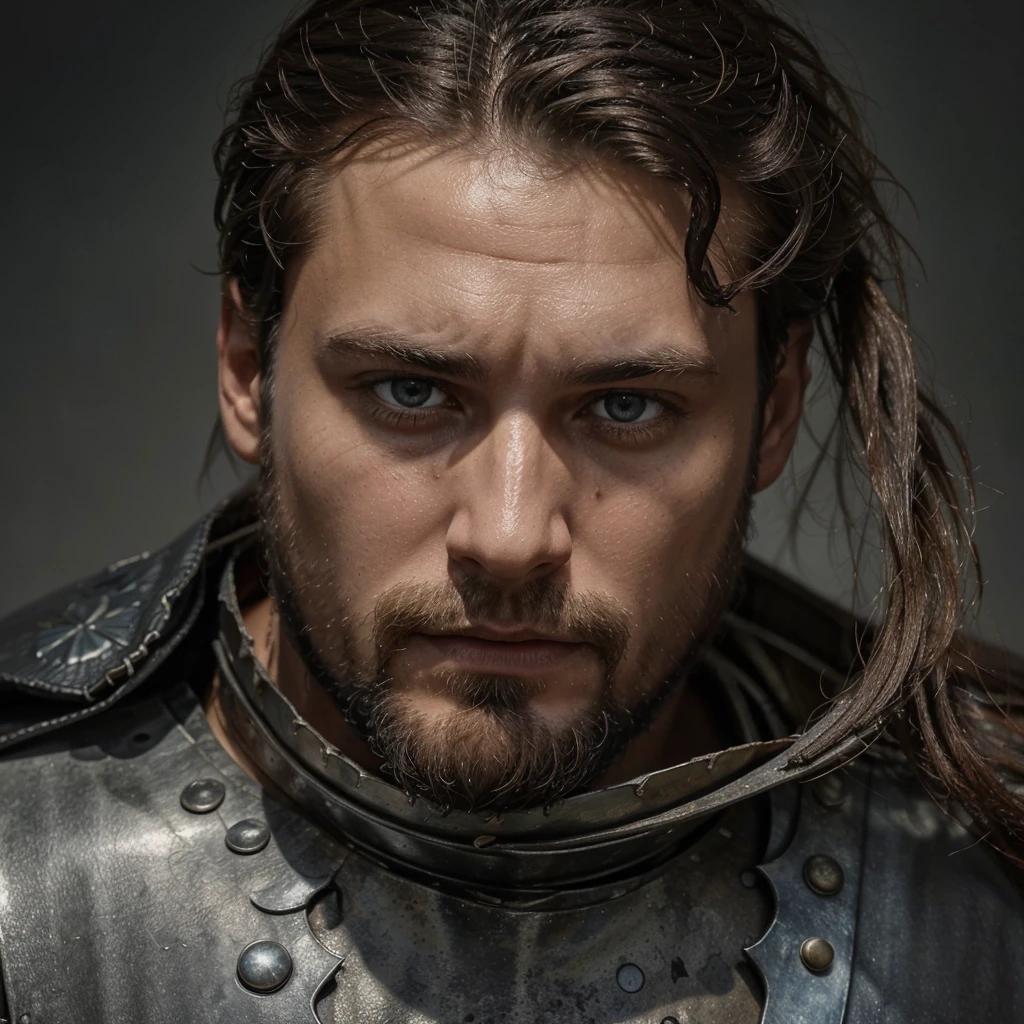 Conrad was a tall and strong young man, but an experienced man. He had piercing blue eyes, who seemed able to see through the very depths of the darkness of our world. His black hair was cut short, and the beard is quite thick, expressing severity , determination and paying tribute to its culture, Despite his young age, he already had gray strands of hair, this is a consequence of large doses of herbal decoctions and the internal state after all the battles with the horrors of this world . His face showed clear signs of battle and trials., reflecting his past when he was a Varangian and now , when he is a cleaner-messenger of God .
Conrad wore lightweight knight's armor on a leather suit decorated with the symbols of the New Vatican - a cross and other sacred signs, as well as pagan runes as a tribute to one’s past and ancestors. On his belt hung a sword with a carefully sharpened blade., shaped like a cross ready for battle at any moment. His stoic posture and confident gaze exuded unshakable determination and dedication to the war effort. .