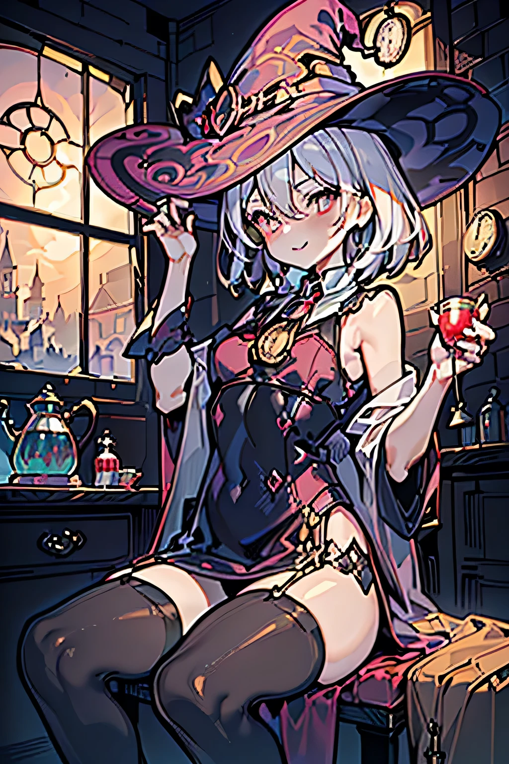 Pretty and beautiful girl,Cute Smile,Blushing,Red lips,One Woman, Glowing Skin, View your viewers, Castle reception room、Tea party((The floats are as follows::1.3, Tea cup, you can, teaspoon, Pocket watch:1.3, Lipstick, Candy:1.2, クッKey, Jam jar, Classic Door_Key)), ((witch, Black Stockings:Medium Hair:1.6),( Bright eyes with highlights, Detailed eyes), (Sitting on a chair), Sexy posture, Amazing colorful art, (Fantasy art:1.2, Mysterious images), ((Correct Anatomy:1.5, Perfect Anatomy:1.3, The right move, ))