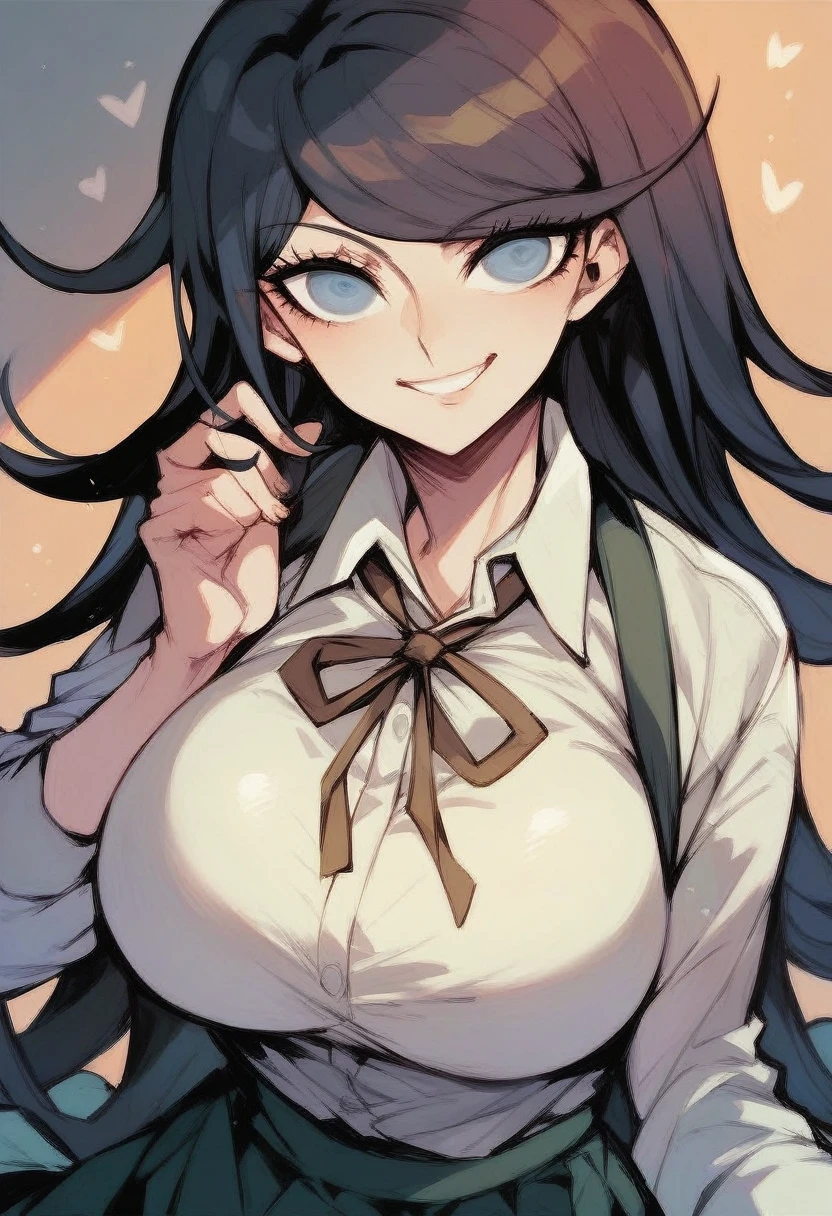 Danganronpa style, black long hair, blue eyes, black high school girl , big bust, female, Smiling, 1 person