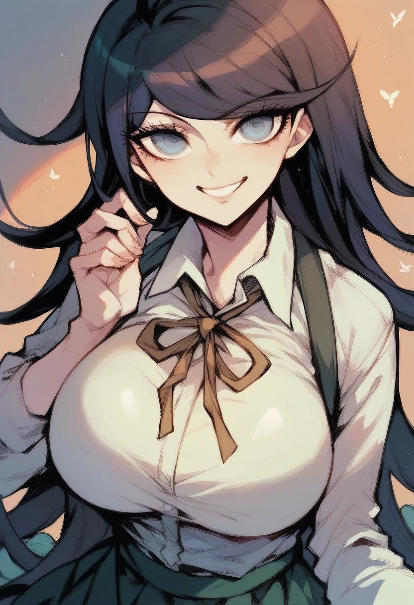 Danganronpa style, black long hair, blue eyes, black high school girl , big bust, female, Smiling, 1 person