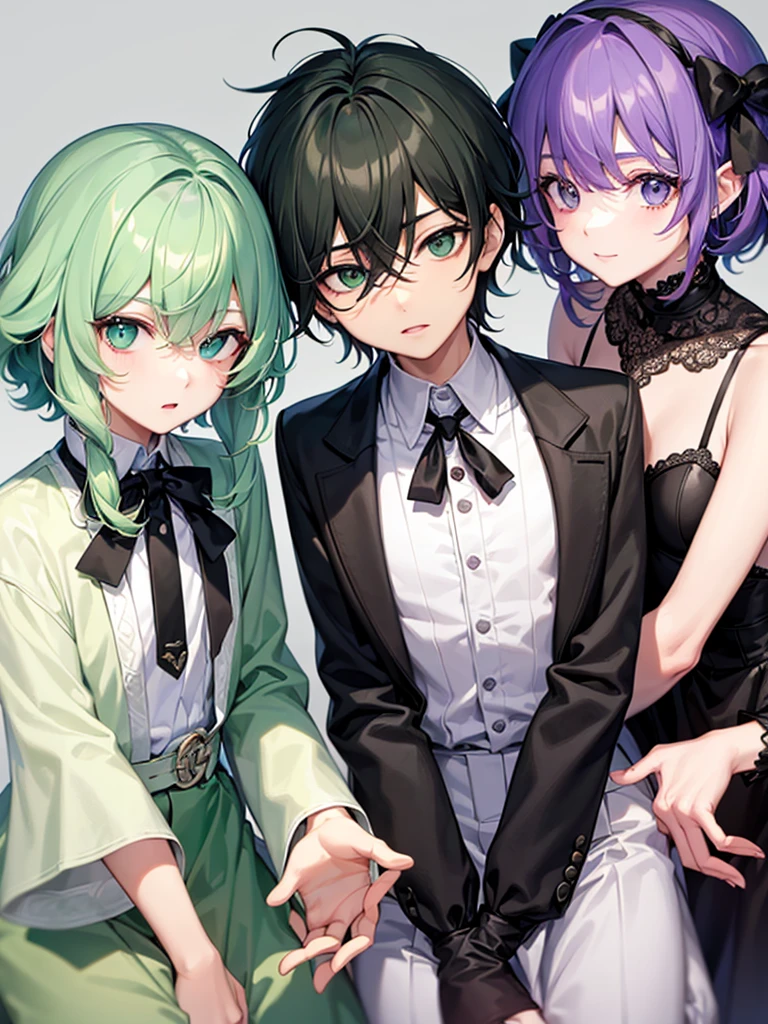 There are two elegant boys, the first boy has green hair and black and dark green clothes. The second boy has purple hair with white clothes..