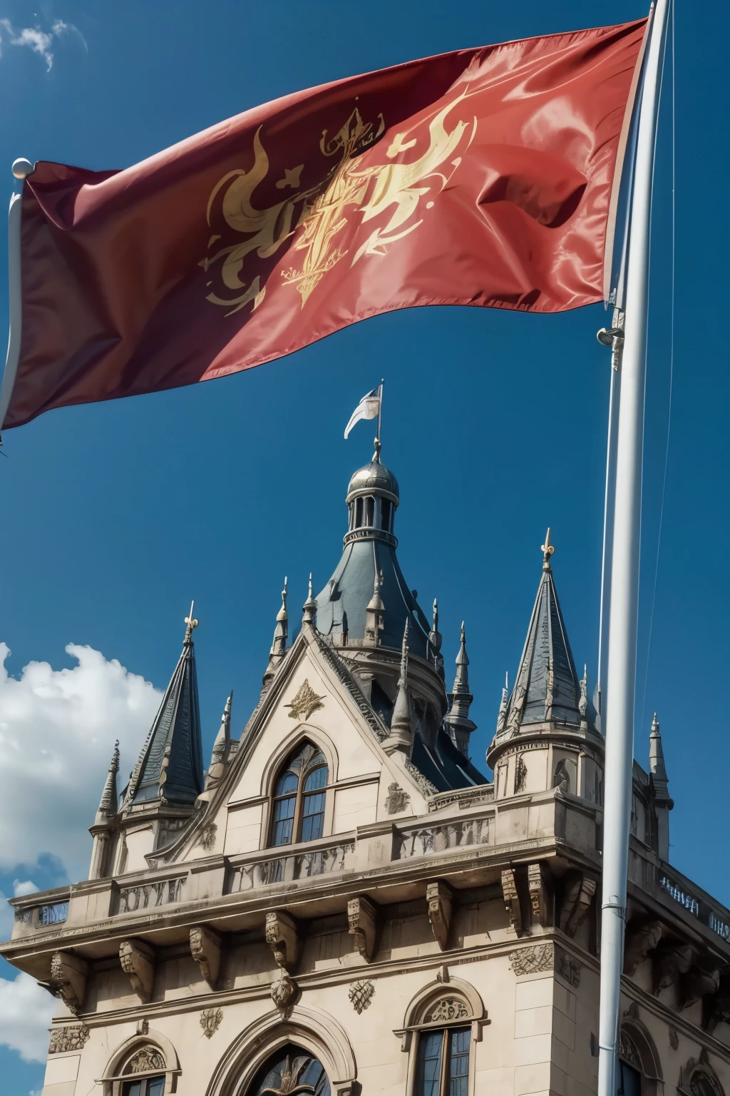 close up image of a fictional flag flying on top of a palace, satanic theme, futuristic