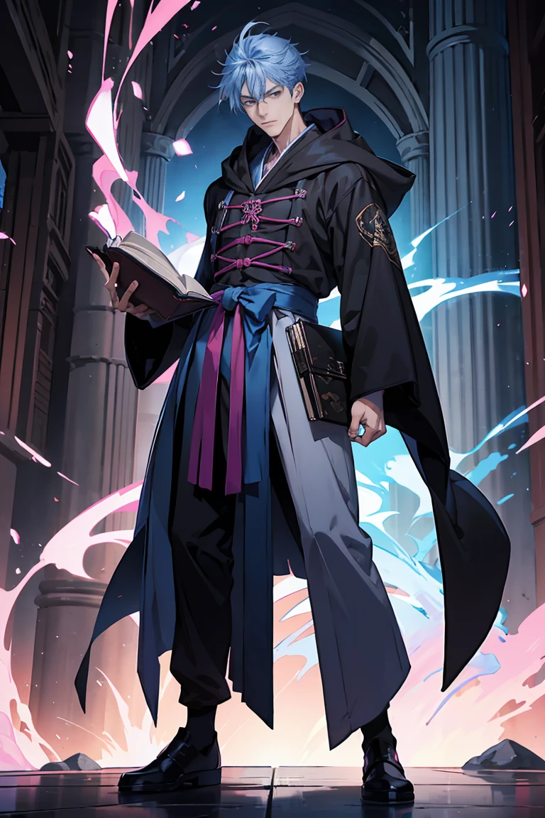 Sorcerer a pinkhightlightbluehair men, wearing a , fasion hair, fasion hair, slim body, hood, hakama, men, handsome face, tall 187cm, 21yearold, male, Secret, magicbook,