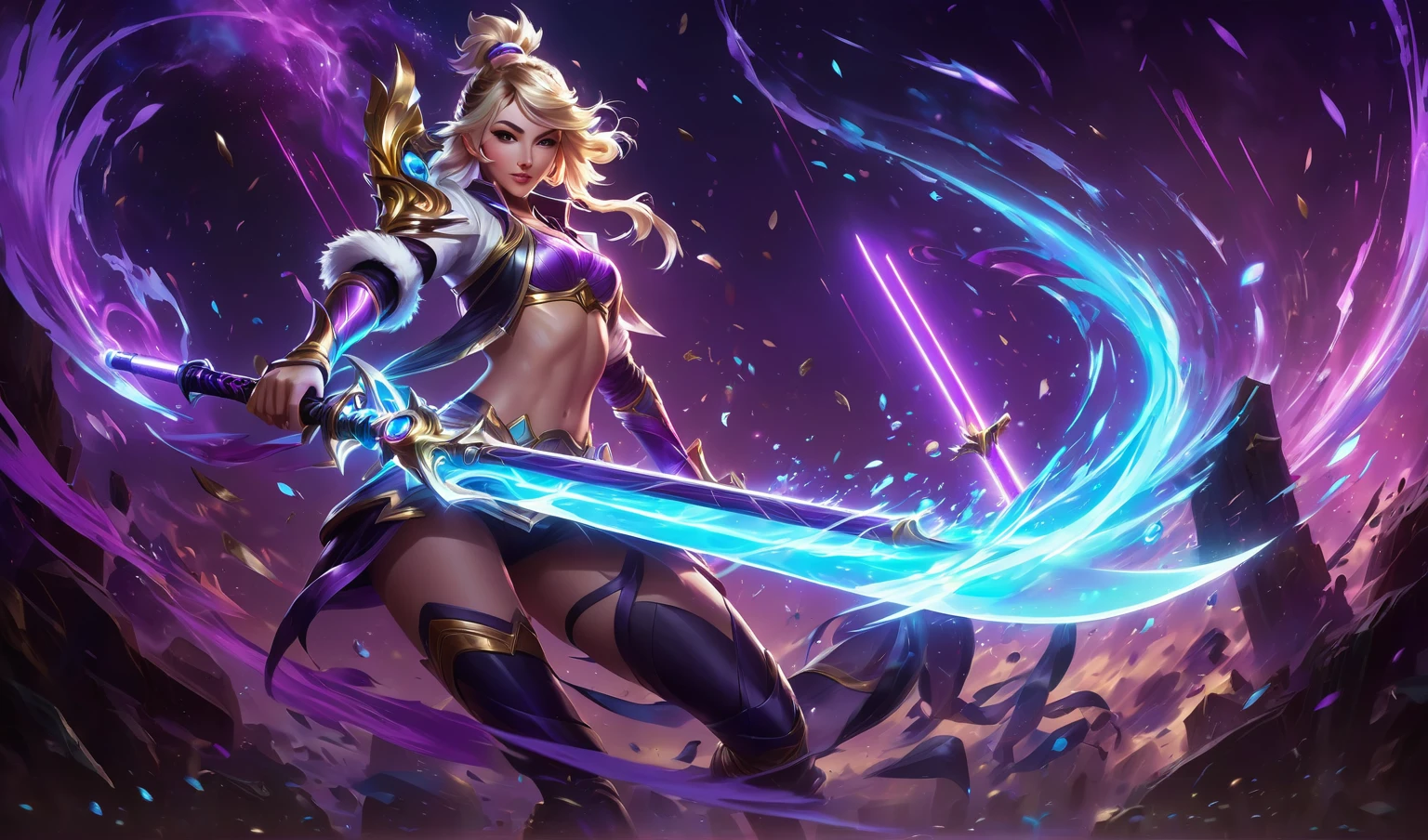 anime girl with sword on a purple background, torn apart, torn apart from league of legends, ashé, Senna do League of Legends, holding a light saber. splash art, splash art, KDA, league of legends style art, Estilo de arte de League of Legends, character splash art, iconic character splash art, official splash art, luxo de League of Legends