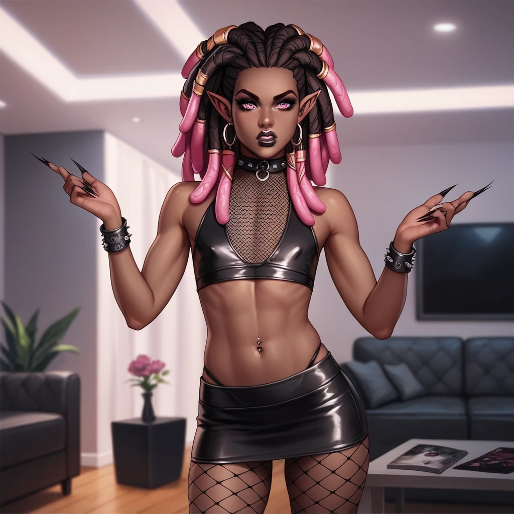 Best quality, highly detailed, ultra detailed, 1 brown skin boy, flat chest, male chest, slim curvy body, long pink dreadlocks, pink dreadlocks, pink eyes, vampire, pointy ears, sharp nails, black lipgloss, goth, black crop top, black mini skirt, fishnets, big butt, living room, leaning into audience, intimidating audience