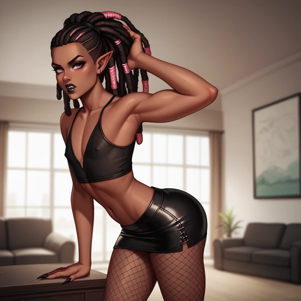 Best quality, highly detailed, ultra detailed, 1 brown skin boy, flat chest, male chest, slim curvy body, long pink dreadlocks, pink dreadlocks, pink eyes, vampire, pointy ears, sharp nails, black lipgloss, goth, black crop top, black mini skirt, fishnets, big butt, living room, leaning into audience, intimidating audience