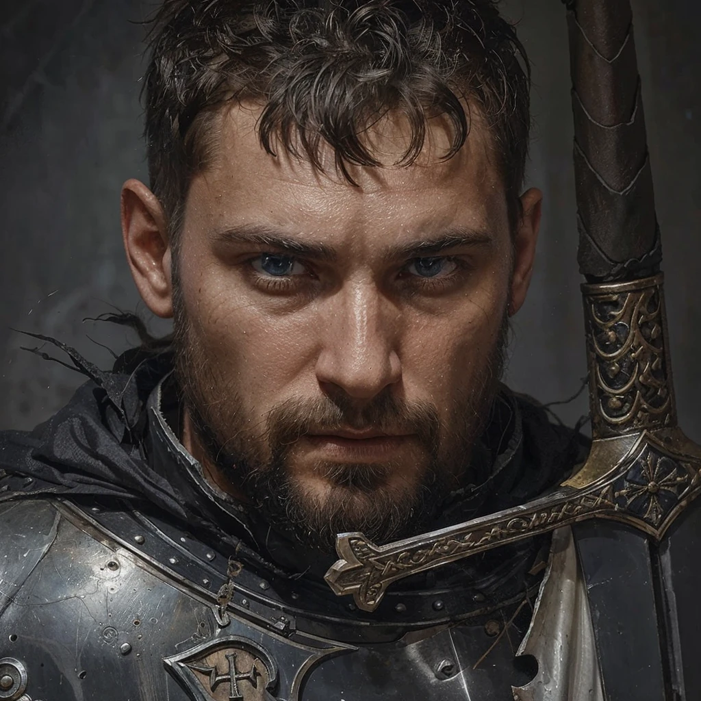 Conrad was a tall and strong young man, but an experienced man. He had piercing blue eyes, who seemed able to see through the very depths of the darkness of our world. His black hair was cut short, and the beard is quite thick, expressing severity , determination and paying tribute to its culture, Despite his young age, he already had gray strands of hair, this is a consequence of large doses of herbal decoctions and the internal state after all the battles with the horrors of this world . His face showed clear signs of battle and trials., reflecting his past when he was a Varangian and now , when he is a cleaner-messenger of God .
Conrad wore lightweight knight's armor on a leather suit decorated with the symbols of the New Vatican - a cross and other sacred signs, as well as pagan runes as a tribute to one’s past and ancestors. On his belt hung a sword with a carefully sharpened blade., shaped like a cross ready for battle at any moment. His stoic posture and confident gaze exuded unshakable determination and dedication to the war effort. .
