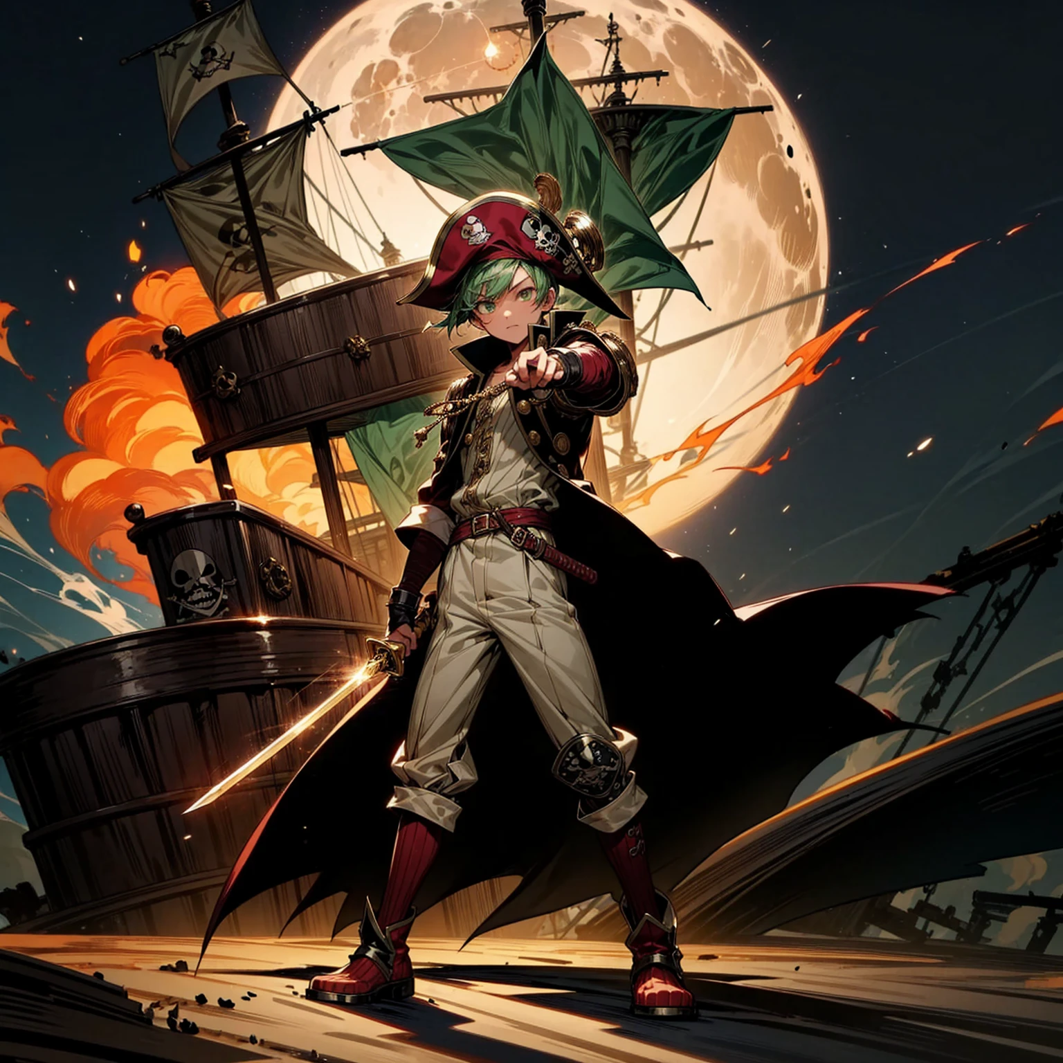 Boy, Full background in ship pirates, gold color eyes, short hairstyle, green colour hair, Pirate hat, pirate eye patch, motion blur, lighting, sword in hand, boots, Pirate captain clothing, smoke effect, armors, smoke effect, fire effect, aura effect, plasma effect, lighting effect, lighting on sword, moon, Moonlight