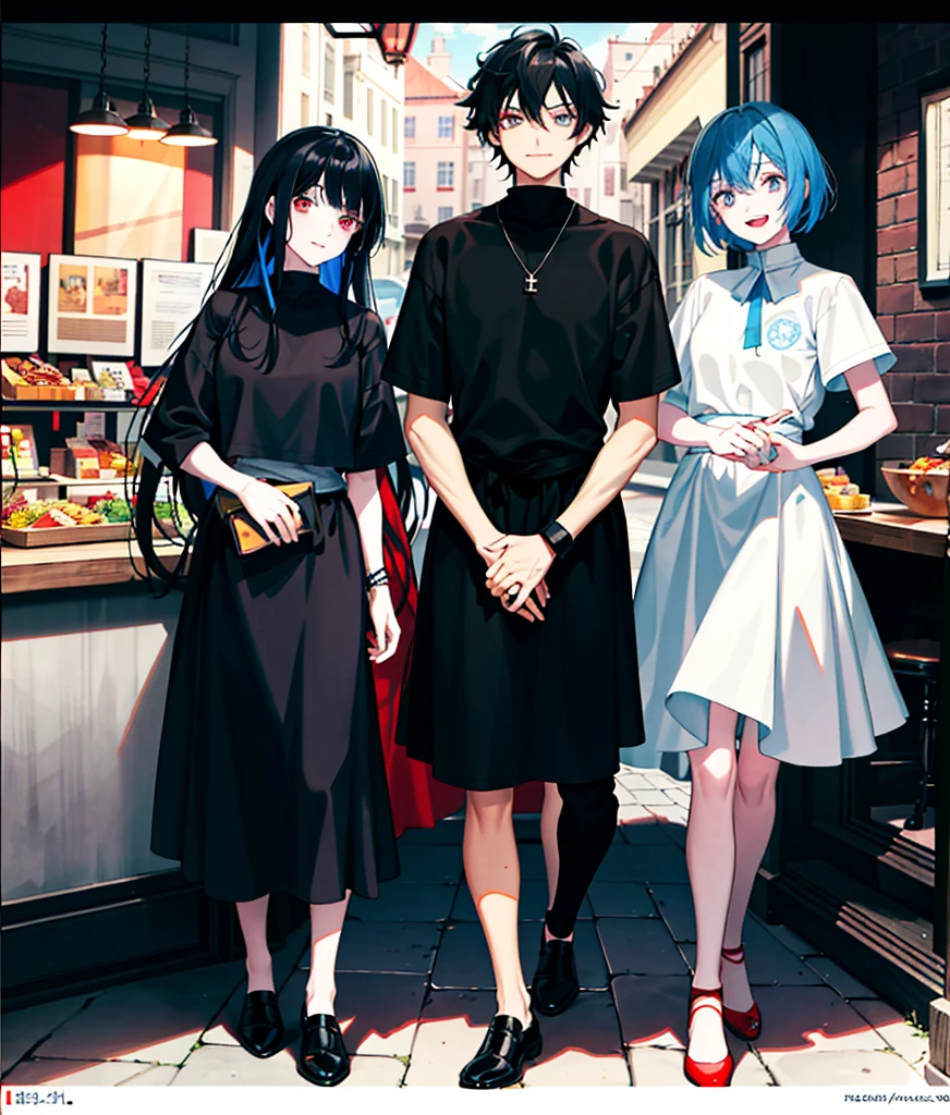Five characters in the picture. The first is a boy with black hair and orange eyes. The second is a girl with black hair and brown eyes. The third is a boy with black hair and red eyes. The fourth is a girl with blue hair and blue eyes. The fifth is a boy with white hair and red eyes. They are all in a restaurant and laughing.