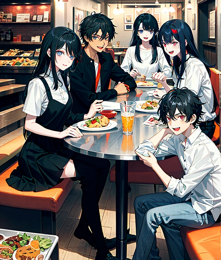 Five characters in the picture. The first is a boy with black hair and orange eyes. The second is a girl with black hair and brown eyes. The third is a boy with black hair and red eyes. The fourth is a girl with blue hair and blue eyes. The fifth is a boy with white hair and red eyes. They are all in a restaurant and laughing.