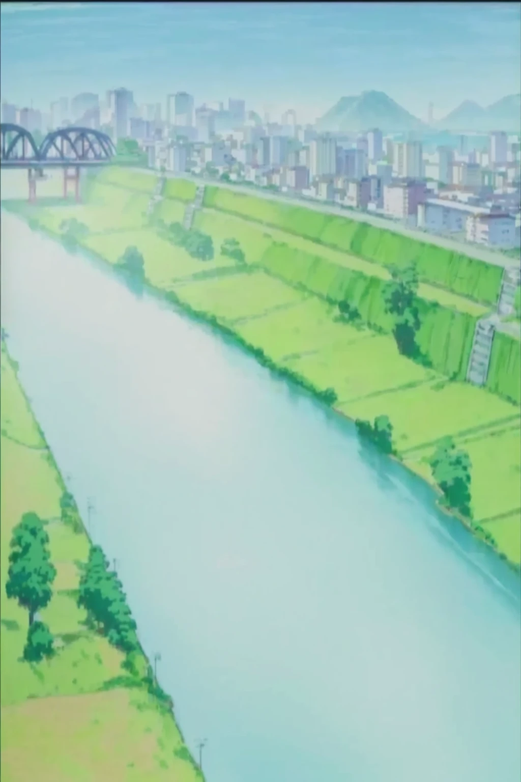 anime scene of a river with a bridge and a city in the background, anime countryside landscape, anime landscape, river in the background, anime scenery, screenshot from guro anime, rio de janeiro in an anime film, from akira ( 1 9 8 8 ) style, anime screencaps, town in the background, detailed lake in background, close up iwakura lain