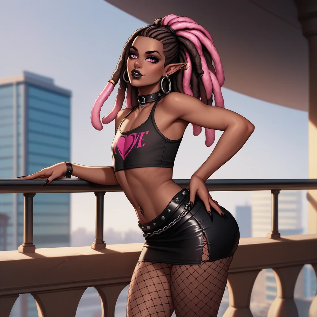 Best quality, highly detailed, ultra detailed, 1 brown skin boy, flat chest, male chest, slim curvy body, long pink dreadlocks, pink dreadlocks, pink eyes, vampire, pointy ears, sharp nails, black lipgloss, goth, black crop top, black mini skirt, fishnets, big butt, balcony, close up