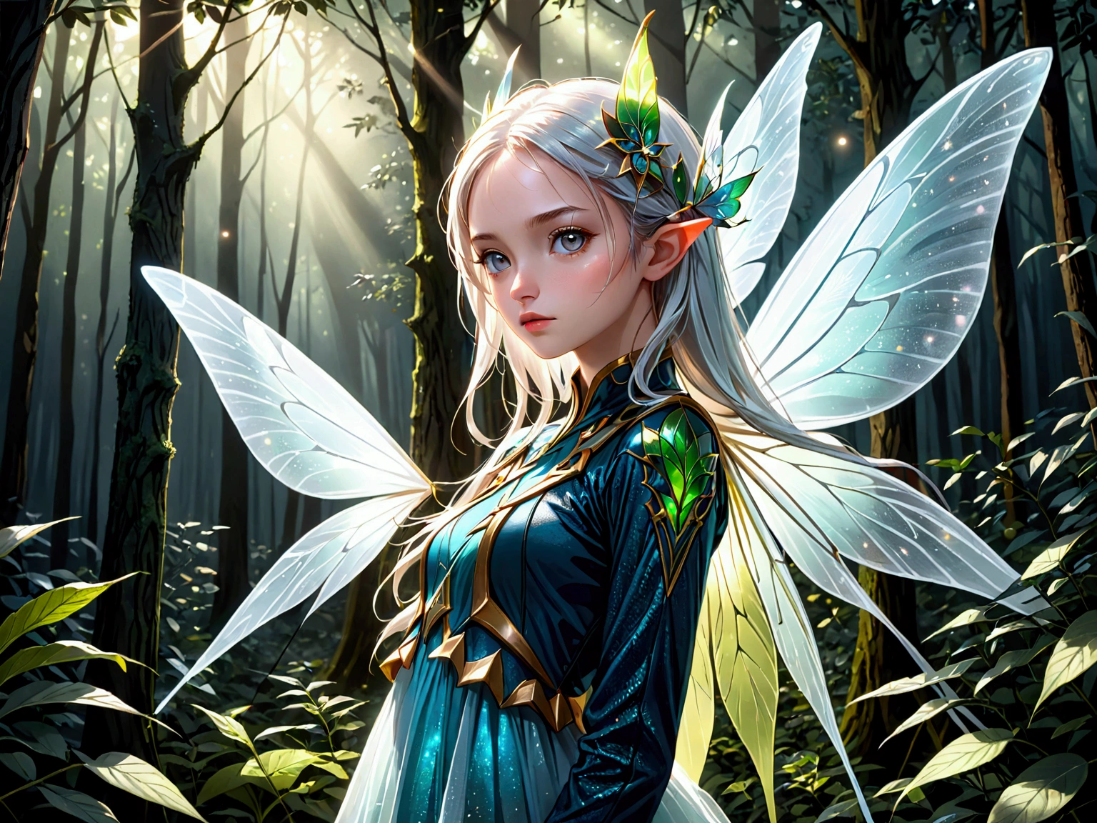 One fairy girl, Beautiful Face, ((White eyes)),, Fairy Wings, performer, space, (Lightroom:1.13), Soft Light, (Natural skin texture:1.2), (Hyperrealism:1.2), Sharp focus, Concentrated,In the mysterious forest,Detailed clothing design,medium shot, cowboy shot