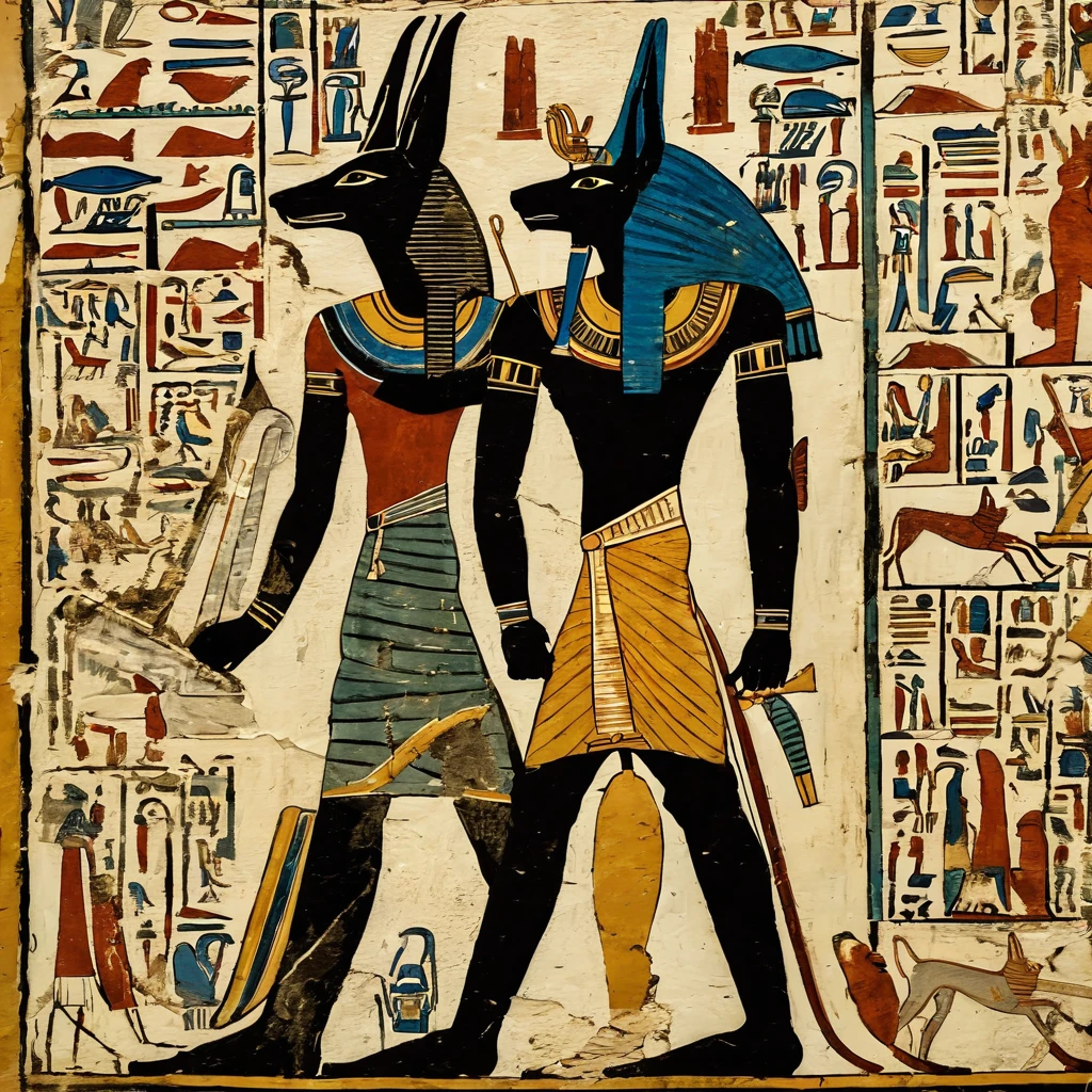 ancientegypt, old egyptian wall painting of Anubis, ancient, 2d, perfect composition, masterpiece
