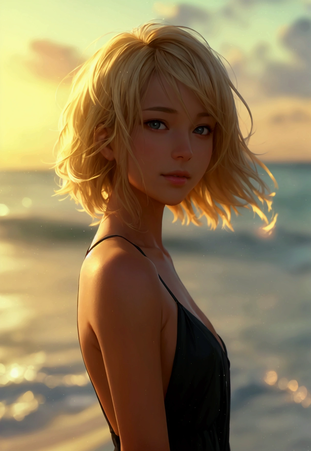 realistic, photorealistic, raw photo, 8K detailed skin, natural skin texture, realistic skin texture, picture-perfect face, film grain, HDR, high quality shadow, perfect anatomy, perfect symmetry:1.2, perfect face, happy, confident, soft lighting, depth of field, bokeh, ultra-high resolution, cinematic lighting, sharp focus, realistic hair strands, subtle facial expressions, vibrant colors, 50mm lens, standard angle, outdoor background, natural sunlight, golden hour, soft shadows, warm tones,blonde woman posed on black dress in beach sunset