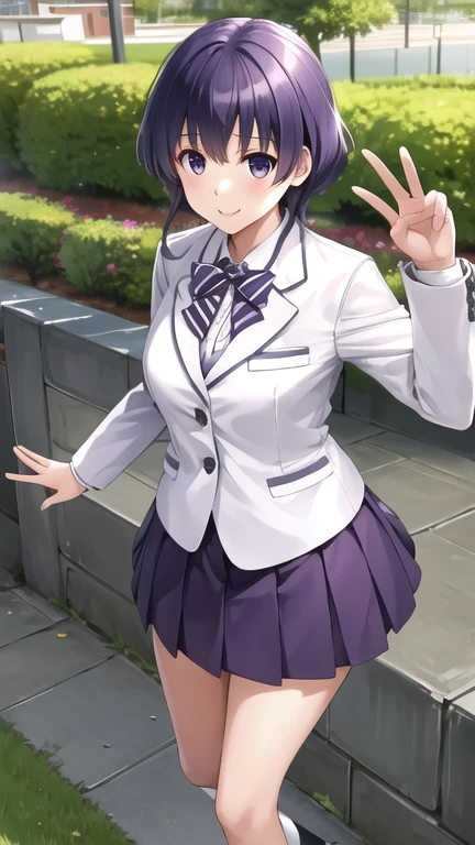 masterpiece, best quality, highres, hyoudou michiru, solo, pleated skirt, bowtie, striped bow, white jacket, black socks, purple skirt, white blazer, striped bowtie, long sleeves, standing, smile, outdoors, garden, school, building, waving, leaning forward,