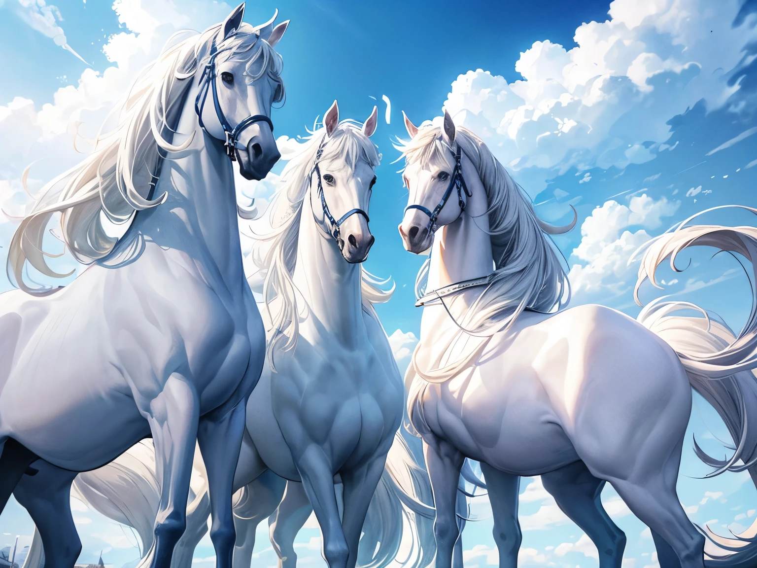 Sept Chevaux blancs galopant ensemble dans une traînée de nuages blanc et épais, ciel coloré en blue et blanc et d'autres nuances féerique de l'arc-en-ciel.