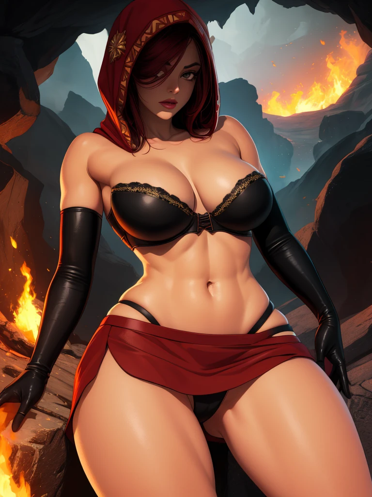 Dsorceress, redhair, shadowy face,dark cave, fire, hood, shadowed face, strapless bra, slim and athletic body, miniskirt, no panty, elbow gloves, dark skin, 1 girl (insanely detailed, masterpiece, best quality)