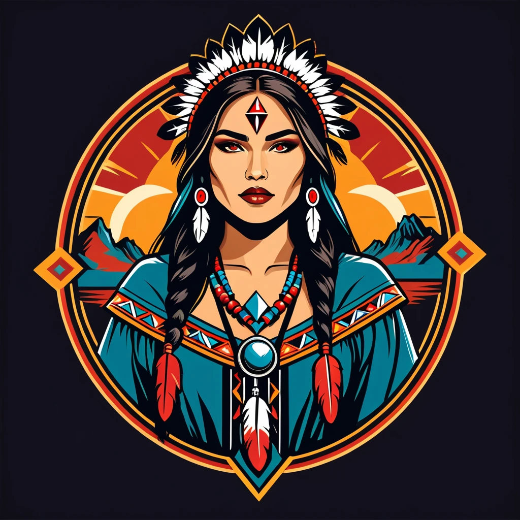 female	rogue	in native american folk outfit	,vector graphics, strong contours, logo design																						