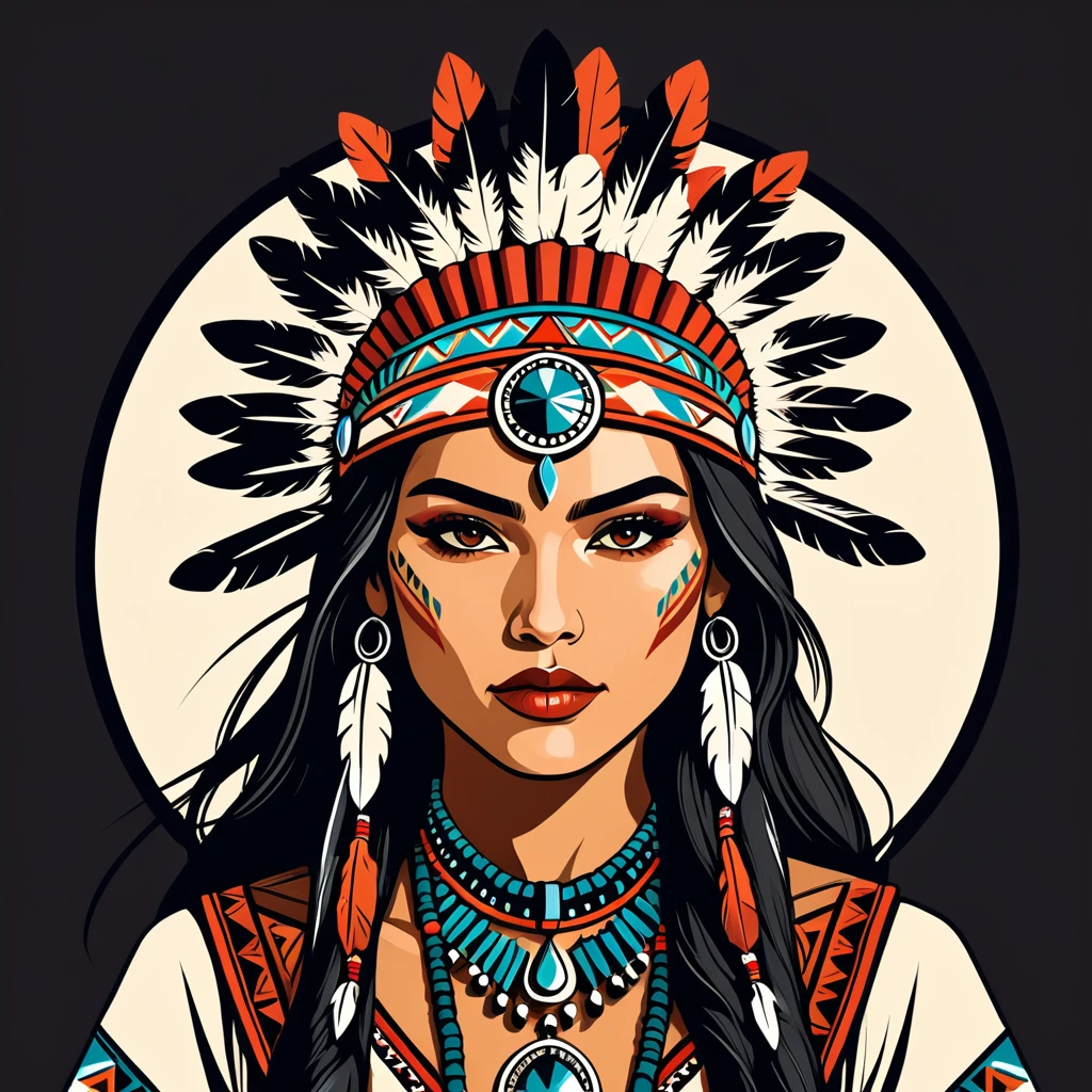 female rogue in native american folk outfit ,vector graphics, strong contours, logo design