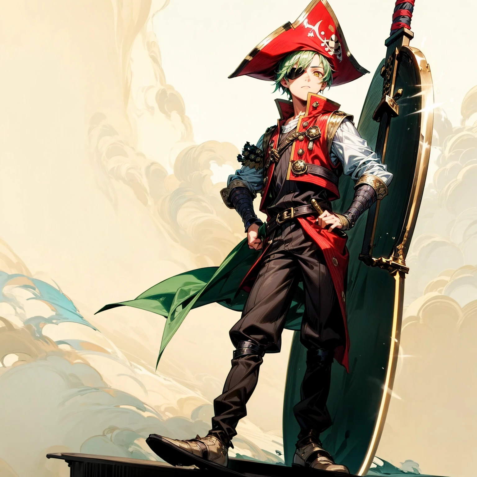 Boy, Full background in ship pirates, gold color eyes, short hairstyle, green colour hair, Pirate hat, pirate eye patch, motion blur, lighting, sword in hand, boots, Pirate captain clothing, smoke effect, armors, smoke effect, fire effect, aura effect, plasma effect, lighting effect, lighting on sword, moon, Moonlight