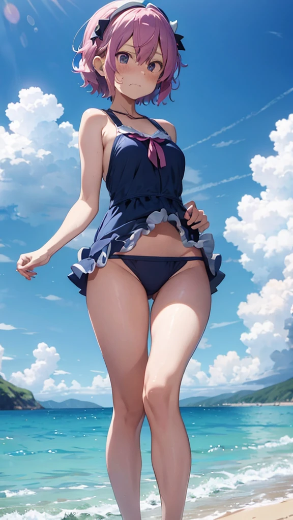 Satori Komeiji is angry and embarrassed in her swimsuit