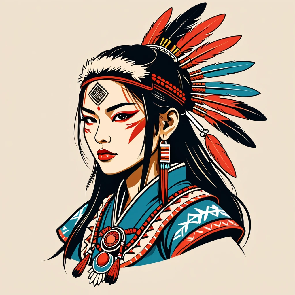 female samurai in native american folk outfit ,vector graphics, strong contours, logo design