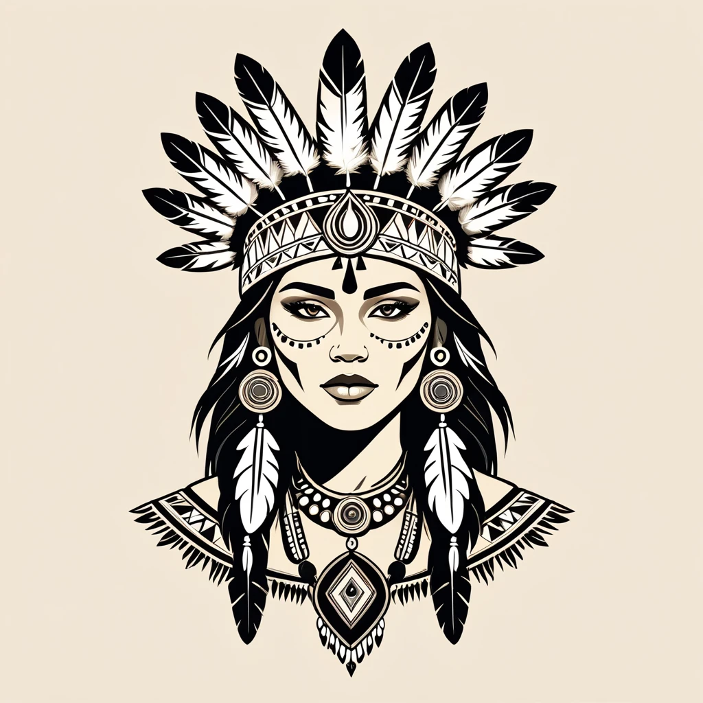 female shaman in native american folk outfit ,vector graphics, strong contours, logo design