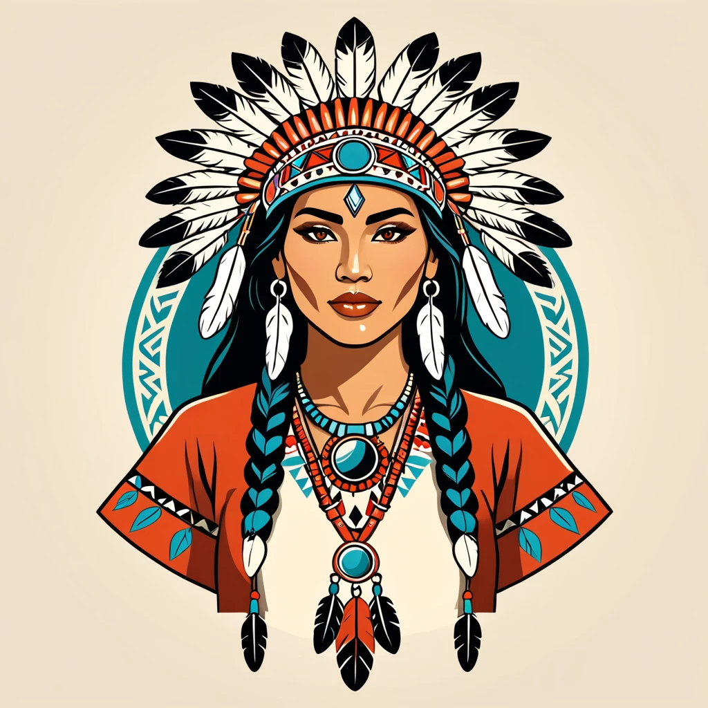 female shaman in native american folk outfit ,vector graphics, strong contours, logo design