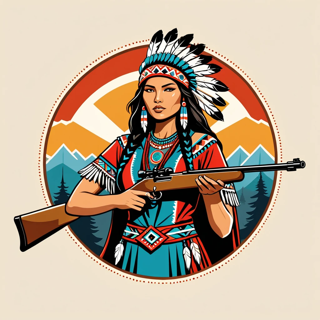 female sniper in native american folk outfit ,vector graphics, strong contours, logo design