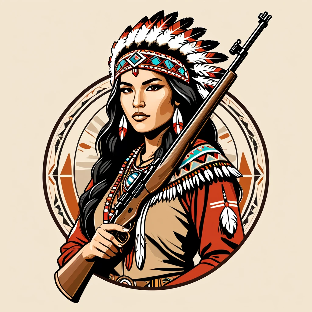 female sniper in native american folk outfit ,vector graphics, strong contours, logo design