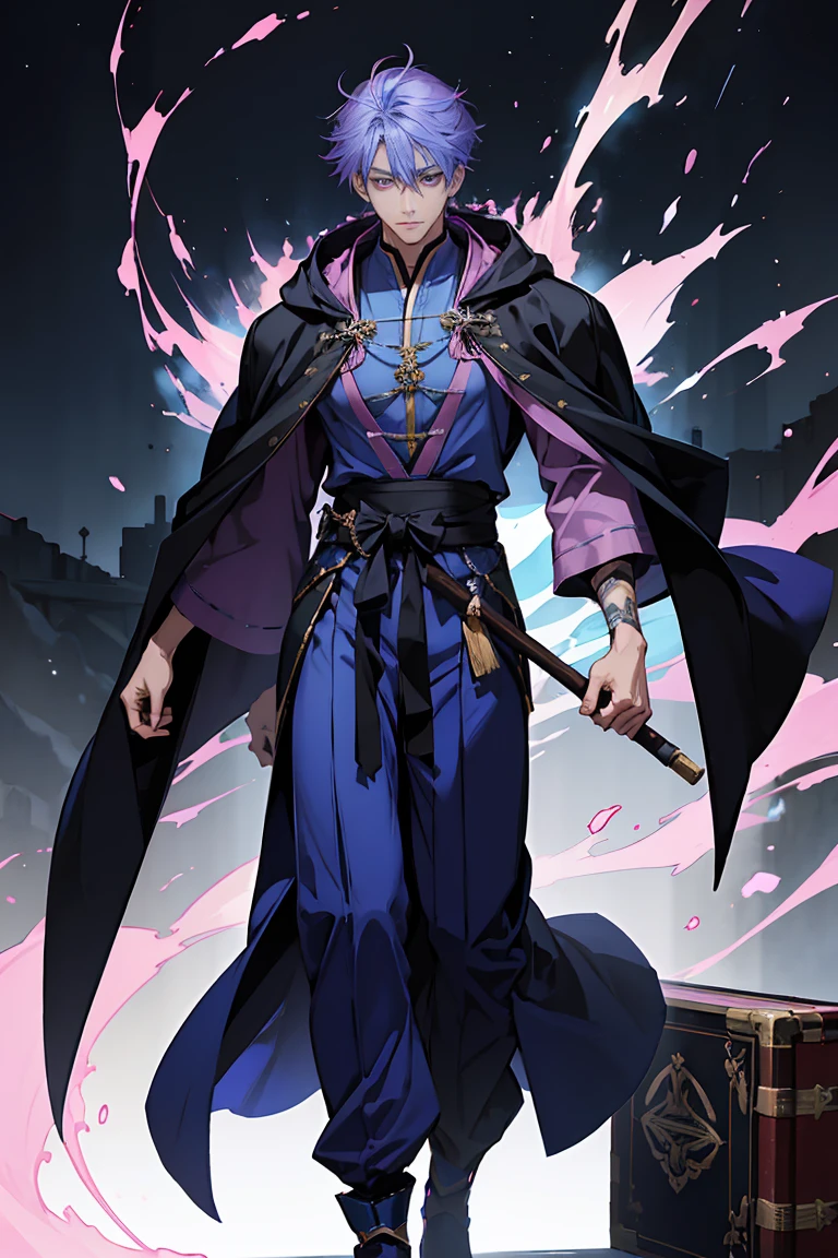 Sorcerer a pinkhightlightbluehair men, wearing a , fasion hair, fasion hair, slim body, hood, hakama, men, handsome face, tall 187cm, 21yearold, male, Secret, magicbook,