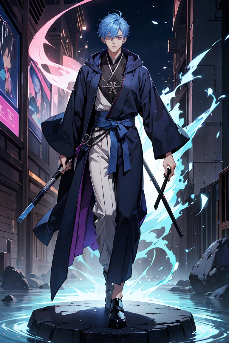 Sorcerer a pinkhightlightbluehair men, wearing a , fasion hair, fasion hair, slim body, hood, hakama, men, handsome face, tall 187cm, 21yearold, male, Secret, magicbook,