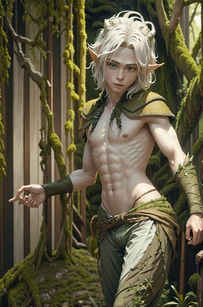 Druid elf, white, golden eyes, white hair, shirtless, back and arms full of moss, wearing pants made of moss and wood, pointed face, pointed ears, slanted eyes, tender smile, wearing a moss cap, very slim