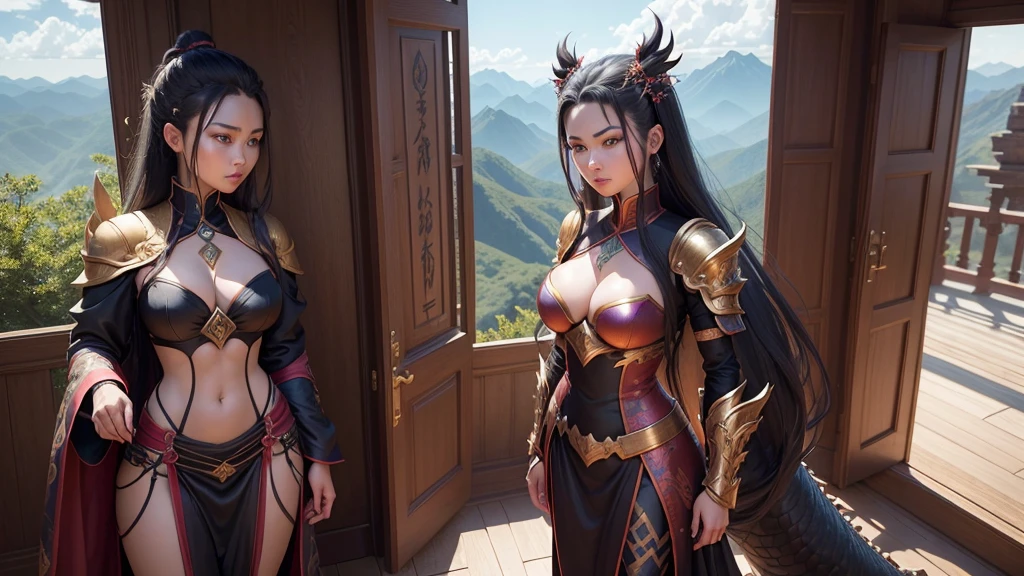 "Create an image of Kaida, the fierce leader of the Dragon Clan. She should be depicted in a detailed, dragon-themed battle attire, featuring intricate dragon symbols and armor. Her hair should be styled dramatically, and she should exude strength and authority. She stands confidently in a majestic hall with dragon sculptures and a panoramic view of mountains visible through large windows."