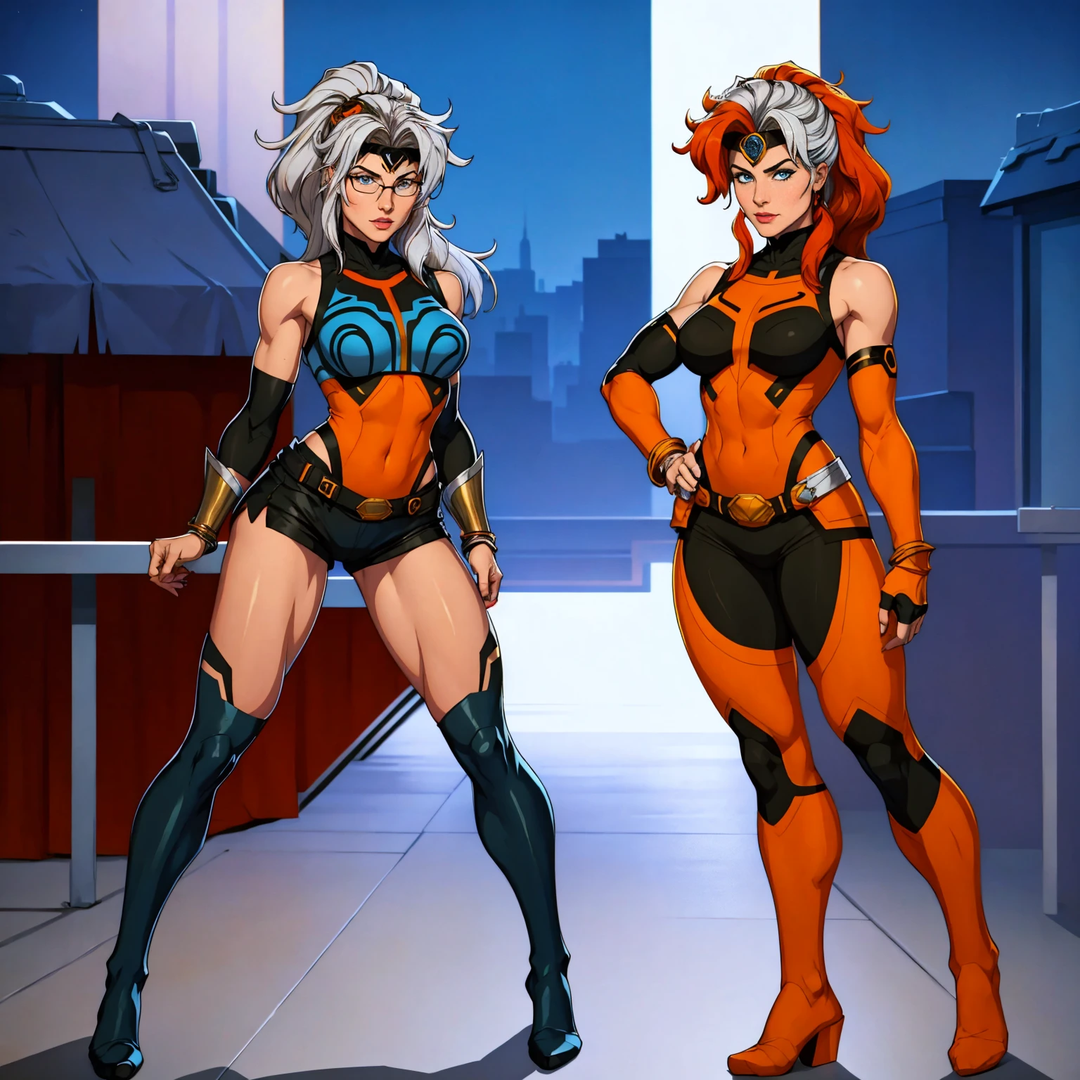 ((Full body photo, standing, feet on the floor)) (best quality,4k,8k,highres,masterpiece:1.2),ultra-detailed,(realistic,photorealistic,photo-realistic:1.37),full body shot,Rogue,X-Men,yellow thigh high boots,beauty pose, standing tall, show feet, outside, city rooftop at night, green headband, with Ponytail, Light Blue Eyes, Round Glasses with a Slightly Dark Lens with this Lens being Orange, and the Light Blue Color frame, ((Black Metallic Gauntlets and Greaves with Orange and Silver Highlights)), (((The Clothes Have a Mix of Modern and Tribal))), (((The Clothes Have a Mix of Modern and Tribal))), having mostly the color black, but having parts in orange, shoulders exposed, at the hip a shorts that extend to half of the thigh of black color.