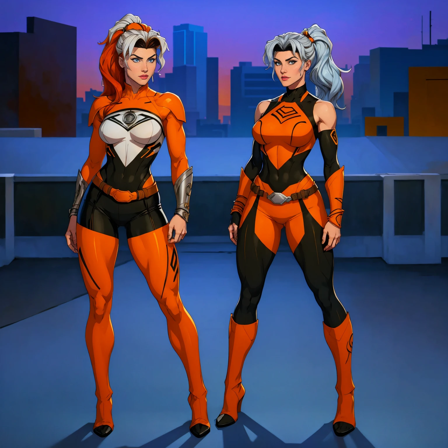 ((Full body photo, standing, feet on the floor)) (best quality,4k,8k,highres,masterpiece:1.2),ultra-detailed,(realistic,photorealistic,photo-realistic:1.37),full body shot,Rogue,X-Men,yellow thigh high boots,beauty pose, standing tall, show feet, outside, city rooftop at night, green headband, with Ponytail, Light Blue Eyes, Round Glasses with a Slightly Dark Lens with this Lens being Orange, and the Light Blue Color frame, ((Black Metallic Gauntlets and Greaves with Orange and Silver Highlights)), (((The Clothes Have a Mix of Modern and Tribal))), (((The Clothes Have a Mix of Modern and Tribal))), having mostly the color black, but having parts in orange, shoulders exposed, at the hip a shorts that extend to half of the thigh of black color.