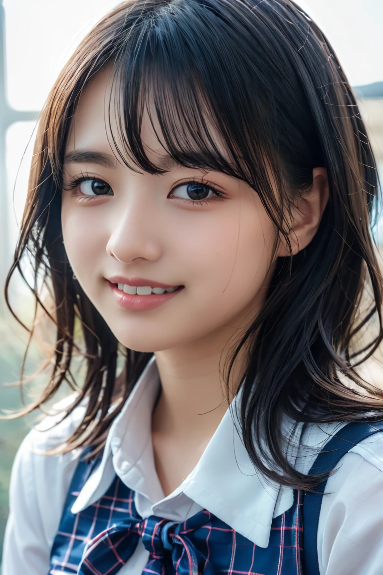 ((school uniform)),ribbon at neck,(school uniform and ((Plaid navy skirt)) and white shirt:1.1), Skin color, big , smile, (8k, RAW Photos, Highest quality, masterpiece:1.2), masterpiece, super detailed, super high quality, (Realistic and Realistic photography:1. 37), High-resolution RAW color photos, Very delicate and beautiful, highly detailed, 8k壁紙, wonderful, detailed, Very eye, very detailed, very detailed skin, very thin fingers, very detailed nose, very detailed mouth, Perfect Anatomy, Upper Body, studio, Soft lighting, A full-body shot of a cute idol wearing a one-piece swimsuit, Playful pose, Hands on hips, smile, Pastel Background, Realistic, Attention to detail, studio photography