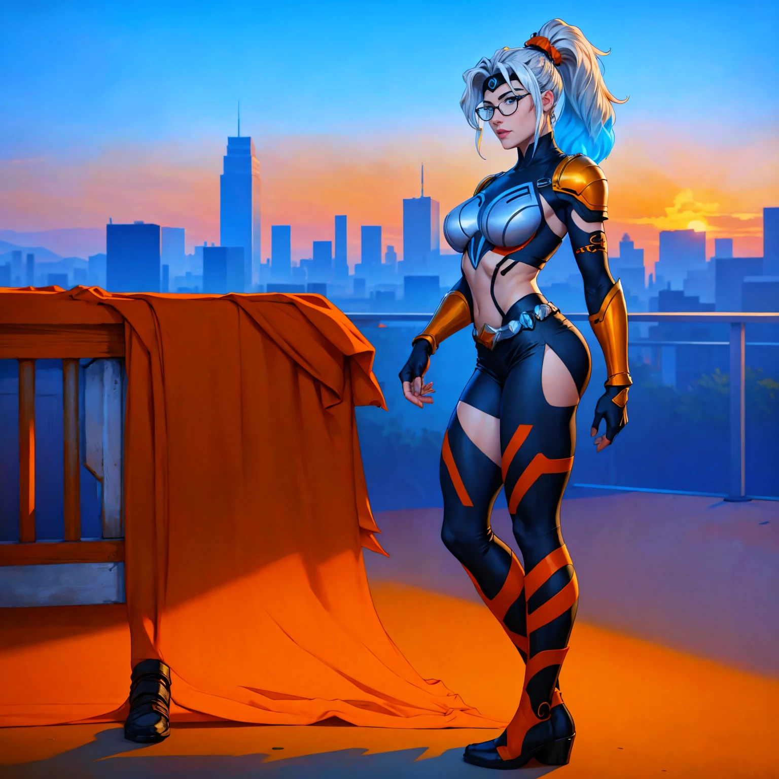 ((Full body photo, standing, feet on the floor)) (best quality,4k,8k,highres,masterpiece:1.2),ultra-detailed,(realistic,photorealistic,photo-realistic:1.37),full body shot,Rogue,X-Men,yellow thigh high boots,beauty pose, standing tall, show feet, outside, city rooftop at night, green headband, with Ponytail, Light Blue Eyes, Round Glasses with a Slightly Dark Lens with this Lens being Orange, and the Light Blue Color frame, ((Black Metallic Gauntlets and Greaves with Orange and Silver Highlights)), (((The Clothes Have a Mix of Modern and Tribal))), (((The Clothes Have a Mix of Modern and Tribal))), having mostly the color black, but having parts in orange, shoulders exposed, at the hip a shorts that extend to half of the thigh of black color.
