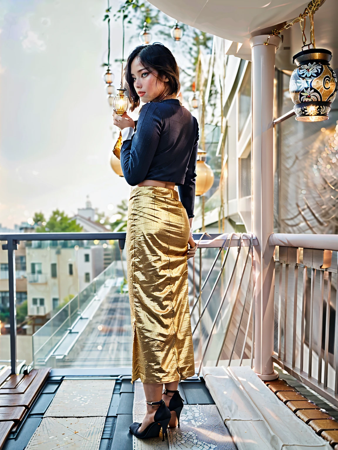Burmese beautiful woman, 1 girl, solo, pretty lady MoonLay, innocent cute smile, red lips, (standing and seductively arch her back and leaning against the balcony wall and seductively gazing to the sky pose:1.5), smooth face skin, traditional beauty, cinematic portrait glow lighting, traditional dress, (white shirt:1.3), (red skirt:1.3), (full body view:2), (rooftop balcony with vibrant colorful hanging lanterns background:1.5), (cinematic bokeh blur background:1.5), (cinematic camera angle), cinematic lighting, perfect anatomy,