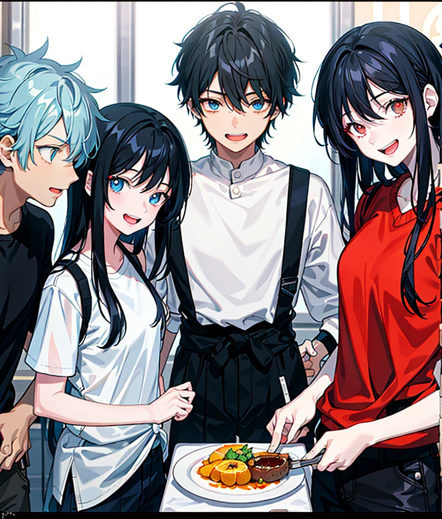 Five characters in the picture. The first is a boy with black hair and orange eyes. The second is a girl with black hair and brown eyes. The third is a boy with black hair and red eyes. The fourth is a girl with blue hair and blue eyes. The fifth is a boy with white hair and red eyes. They are all in a restaurant and laughing.
