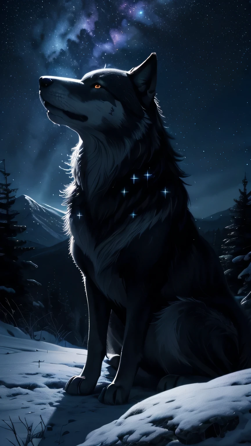 (best qualityer,4K,8K,high resolution,work of art:1.2),ultra detali,(realisitic,photorealisitic,photo-realisitic:1.37),a wolf on top of a mountain in a starry night howling, illustration, ((oil painting, sharp focus)), bright coloured, moonlit landscape, dense forest, howling under the moonlight, mesmerizing view, glare eyes, atmosfera noturna, majestic posture, isolated silhouette, shadows and highlights, sinister presence, distant and twinkling stars, tranquil atmosphere