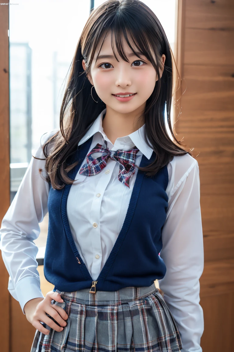 ((school uniform)),ribbon at neck,(school uniform and ((Plaid navy skirt)) and white shirt:1.1), Skin color, big , smile, (8k, RAW Photos, Highest quality, masterpiece:1.2), masterpiece, super detailed, super high quality, (Realistic and Realistic photography:1. 37), High-resolution RAW color photos, Very delicate and beautiful, highly detailed, 8k壁紙, wonderful, detailed, Very eye, very detailed, very detailed skin, very thin fingers, very detailed nose, very detailed mouth, Perfect Anatomy, Upper Body, studio, Soft lighting, A full-body shot of a cute idol wearing a one-piece swimsuit, Playful pose, Hands on hips, smile, Pastel Background, Realistic, Attention to detail, studio photography