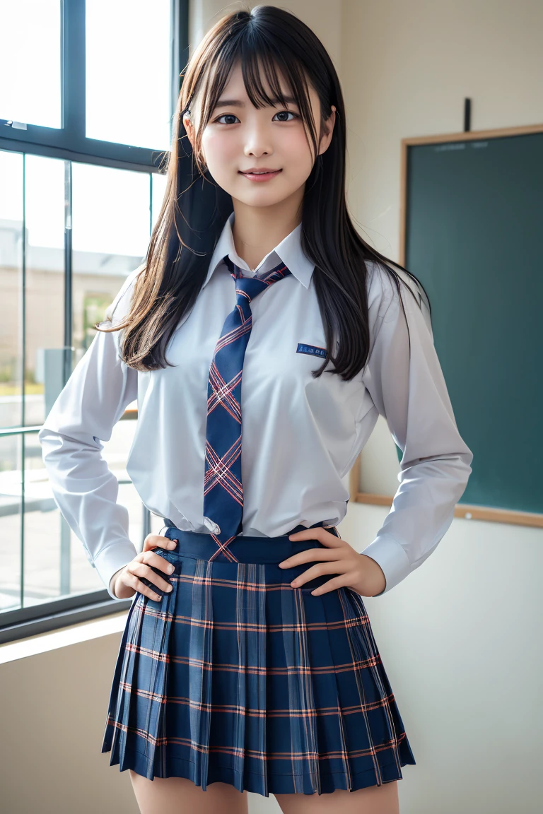 ((school uniform)),ribbon at neck,(school uniform and ((Plaid navy skirt)) and white shirt:1.1), Skin color, big , smile, (8k, RAW Photos, Highest quality, masterpiece:1.2), masterpiece, super detailed, super high quality, (Realistic and Realistic photography:1. 37), High-resolution RAW color photos, Very delicate and beautiful, highly detailed, 8k壁紙, wonderful, detailed, Very eye, very detailed, very detailed skin, very thin fingers, very detailed nose, very detailed mouth, Perfect Anatomy, Upper Body, studio, Soft lighting, A full-body shot of a cute idol wearing a one-piece swimsuit, Playful pose, Hands on hips, smile, Pastel Background, Realistic, Attention to detail, studio photography