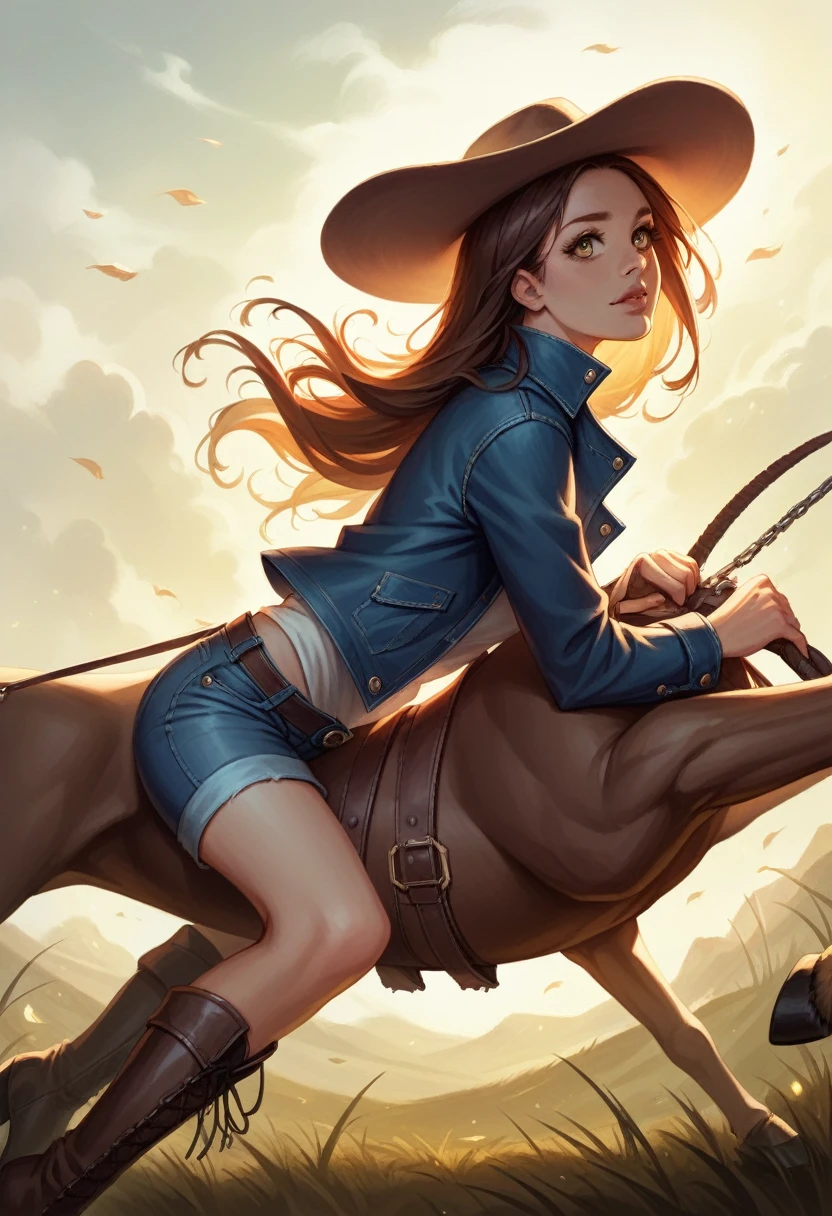 a cowgirl, 1girl, extremely detailed face and eyes, long eyelashes, delicate features, cowgirl hat, cowgirl outfit, denim jacket, riding boots, lasso, outdoor ranch scene, golden hour lighting, warm color palette, cinematic lighting, photorealistic, 8k, high quality, intricate details, masterpiece