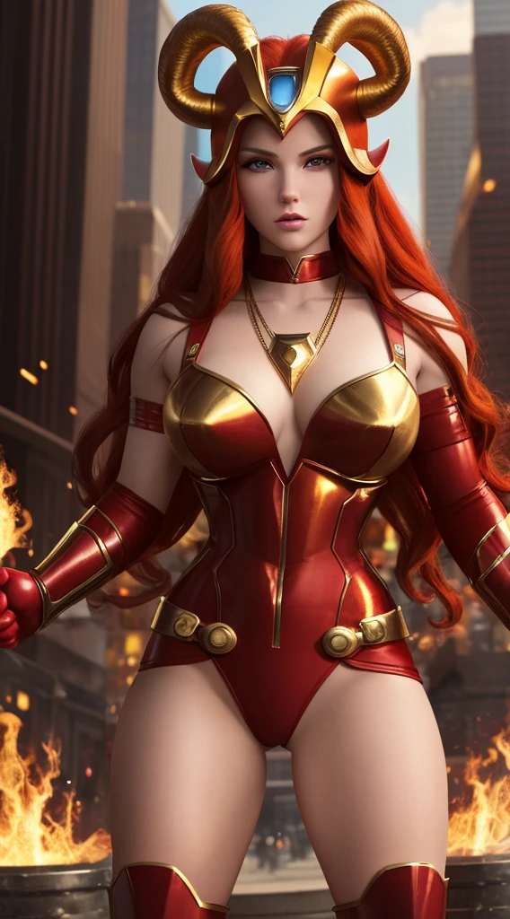 Aries sign Super hero,Full Body , Sensual Body,Girl, athlete body , Long red hair that looks like it's on fire , golden eyes ,Red and gold sheep costume Sensual,Ram horns helmet ,Powerful Pose ,Aries tattoo in the middle of the chest ,city background , Style X-men,The avengers,Cartoon style