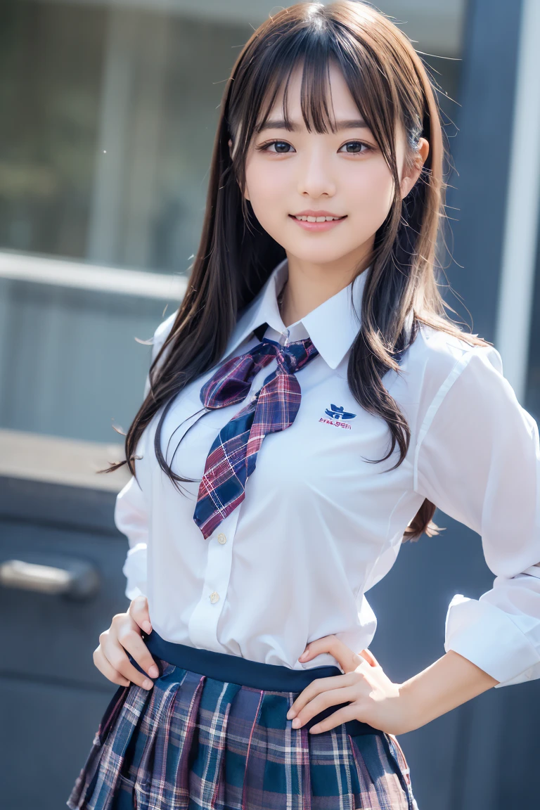((school uniform)),ribbon at neck,(school uniform and ((Plaid navy skirt)) and white shirt:1.1), Skin color, big , smile, (8k, RAW Photos, Highest quality, masterpiece:1.2), masterpiece, super detailed, super high quality, (Realistic and Realistic photography:1. 37), High-resolution RAW color photos, Very delicate and beautiful, highly detailed, 8k壁紙, wonderful, detailed, Very eye, very detailed, very detailed skin, very thin fingers, very detailed nose, very detailed mouth, Perfect Anatomy, Upper Body, studio, Soft lighting, A full-body shot of a cute idol wearing a one-piece swimsuit, Playful pose, Hands on hips, smile, Pastel Background, Realistic, Attention to detail, studio photography