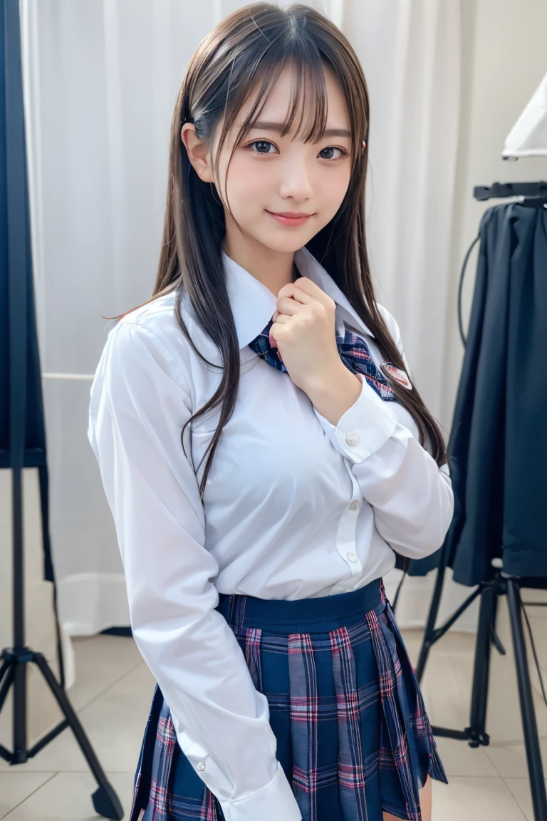 ((school uniform)),ribbon at neck,(school uniform and ((Plaid navy skirt)) and white shirt:1.1), Skin color, big , smile, (8k, RAW Photos, Highest quality, masterpiece:1.2), masterpiece, super detailed, super high quality, (Realistic and Realistic photography:1. 37), High-resolution RAW color photos, Very delicate and beautiful, highly detailed, 8k壁紙, wonderful, detailed, Very eye, very detailed, very detailed skin, very thin fingers, very detailed nose, very detailed mouth, Perfect Anatomy, Upper Body, studio, Soft lighting, A full-body shot of a cute idol wearing a one-piece swimsuit, Playful pose, Hands on hips, smile, Pastel Background, Realistic, Attention to detail, studio photography